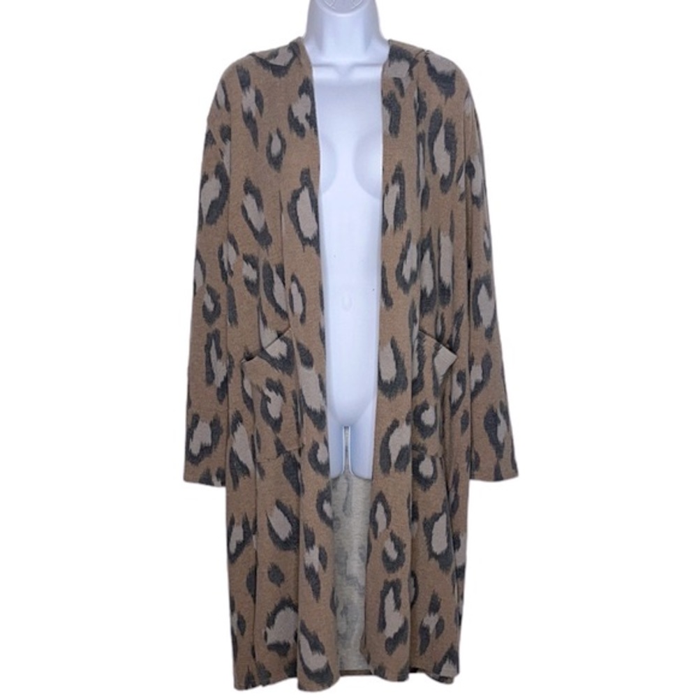 3 for $20 PHIL LOVE Leopard Print Hoodie Cardigan Duster Long Sleeves Tan Gray S